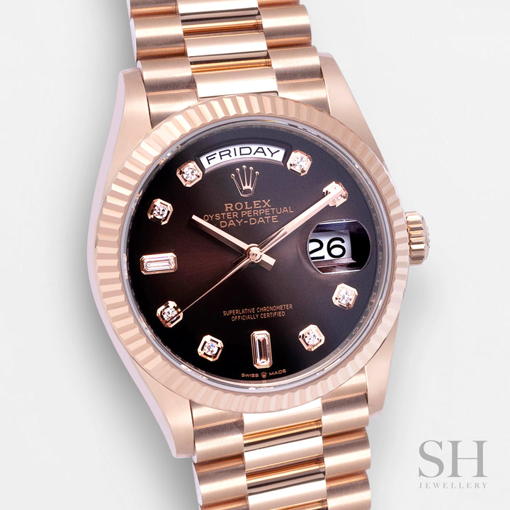 Rolex Day-Date36 36mm RG Brown Dial Diamond Markers 2023 Ref m128235-0037 (#527)