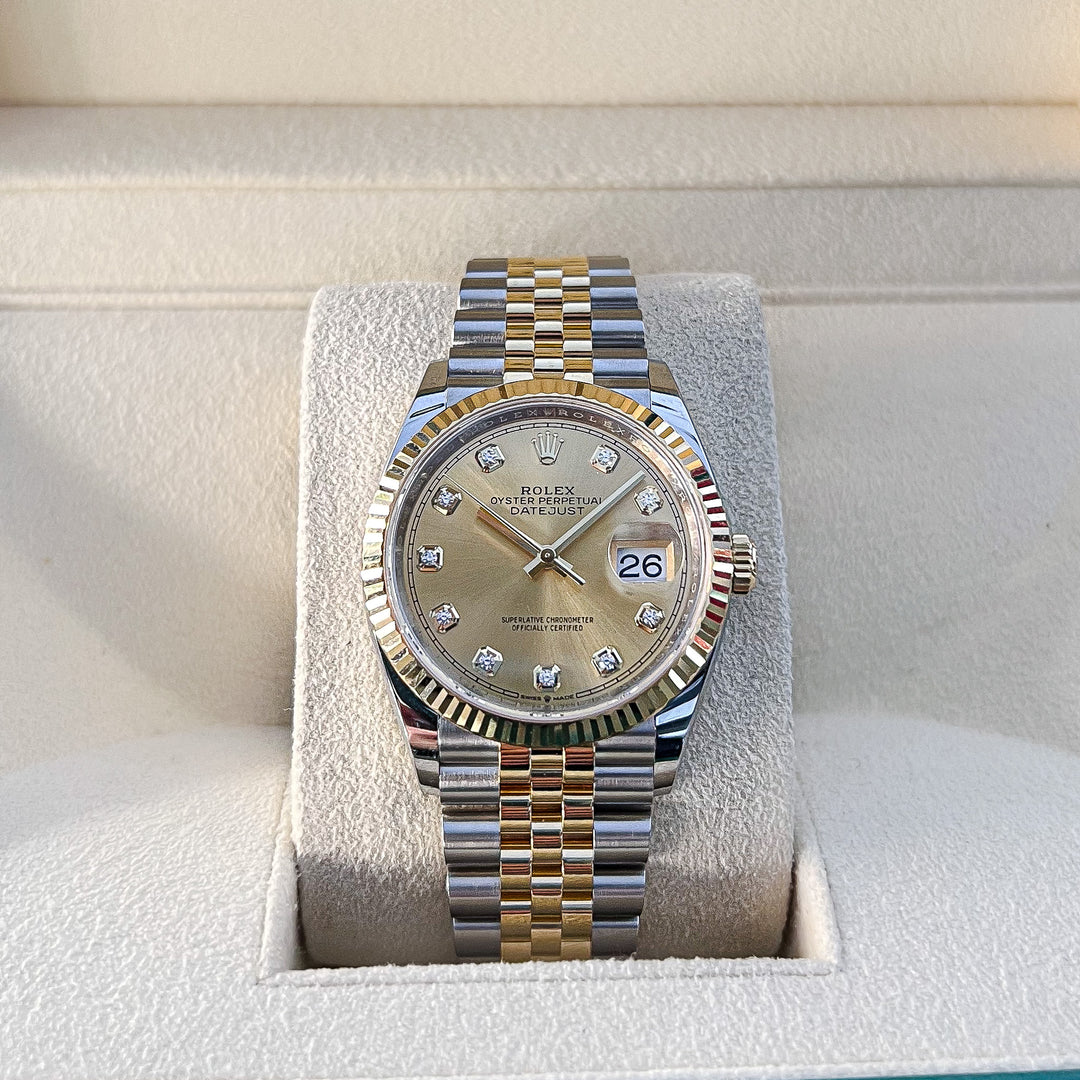 Rolex Datejust36 36mm Steel/YG Champagne Dial Diamond Markers 2024 Ref m126233-0017 (#755)