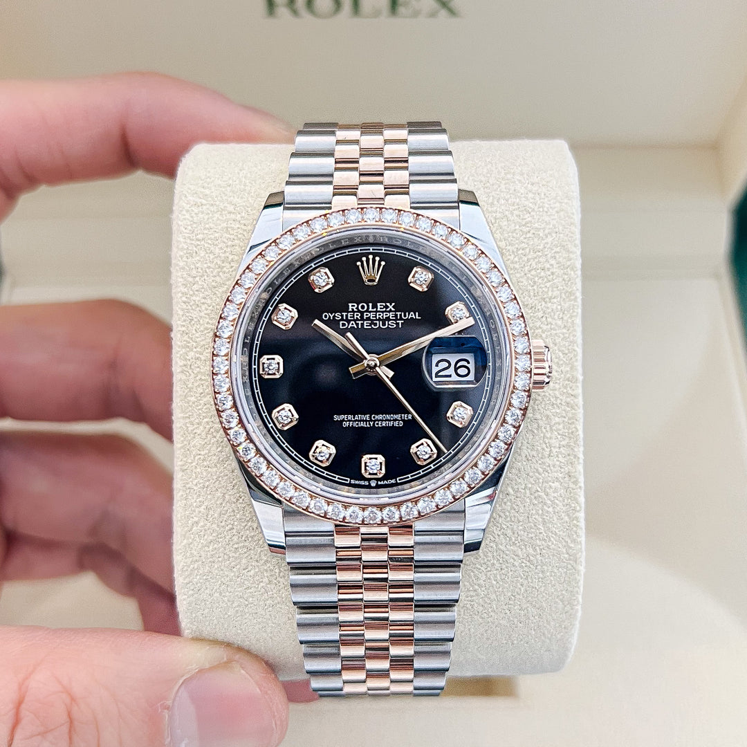 Rolex Datejust36 36mm Steel/RG Black Dial Diamond Markers 2023 Ref m126281rbr-0007 (#501)