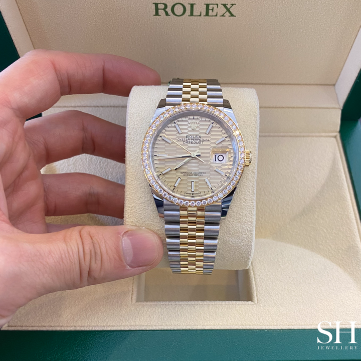 Rolex Datejust36 36mm Steel/YG Champagne Motif Dial Stick Markers 2023 Ref m126283rbr-0025 (#342)