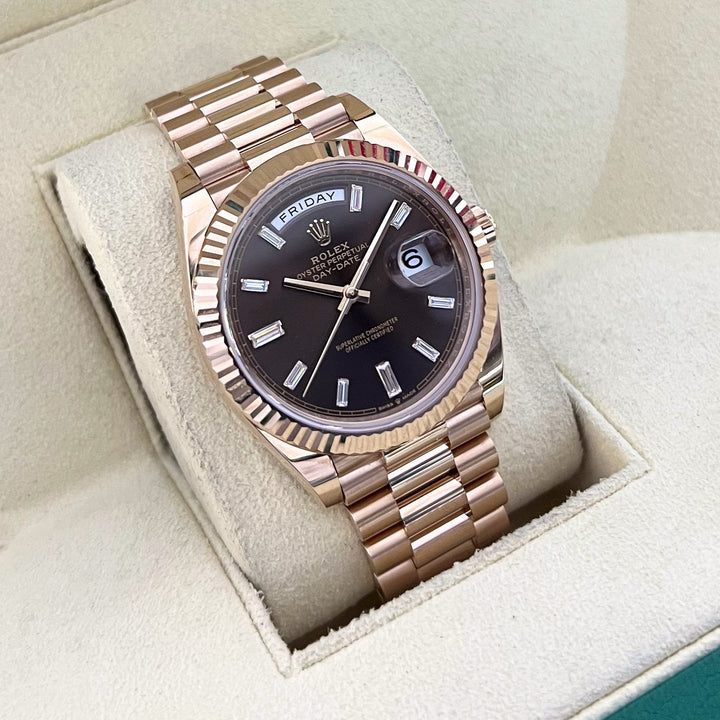 Rolex Day-Date40 40mm RG Chocolate Dial Diamond Markers 2024 Ref m228235-0003 (#585)