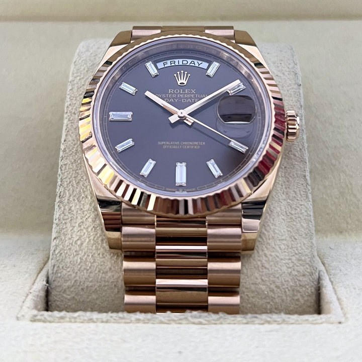 Rolex Day-Date40 40mm RG Chocolate Dial Diamond Markers 2024 Ref m228235-0003 (#585)