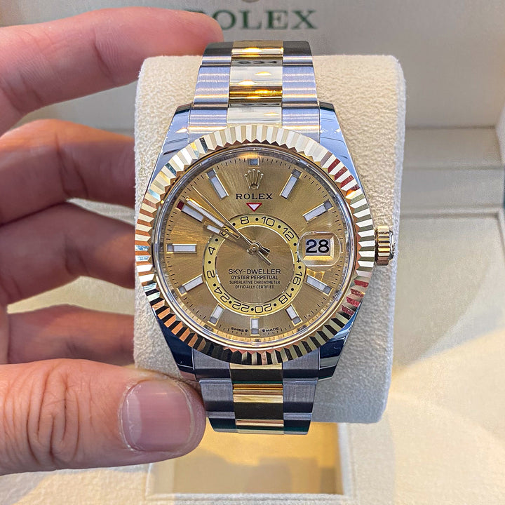 Rolex Sky-Dweller 42mm Steel/YG Champagne Dial Stick Markers 2023 Ref m336933-0001 (#534)