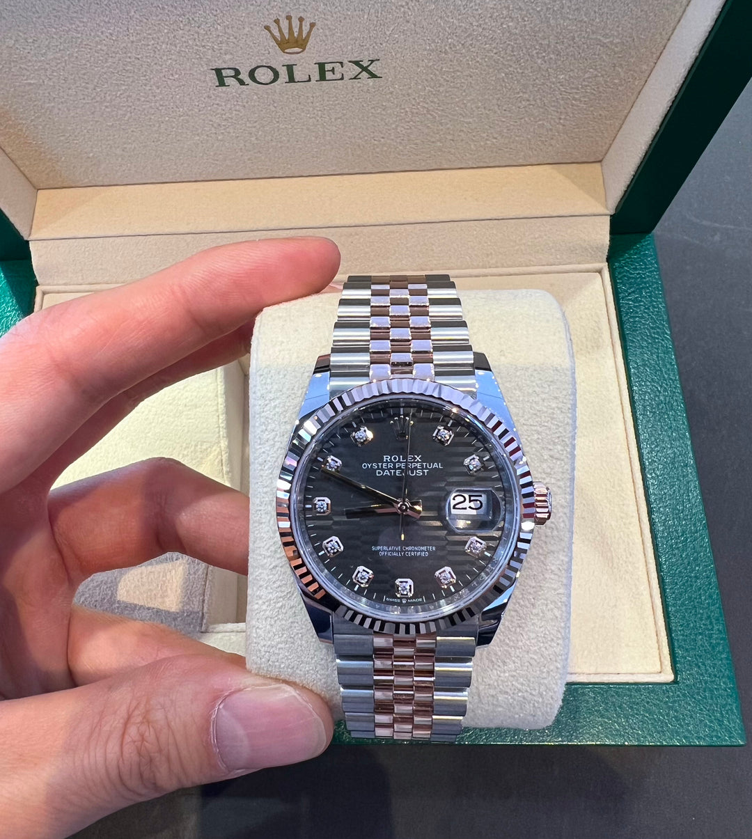 Rolex Datejust36 36mm Steel/RG Slate Motif Dial Diamond Markers 2023 Ref 126231 (#39,330052)