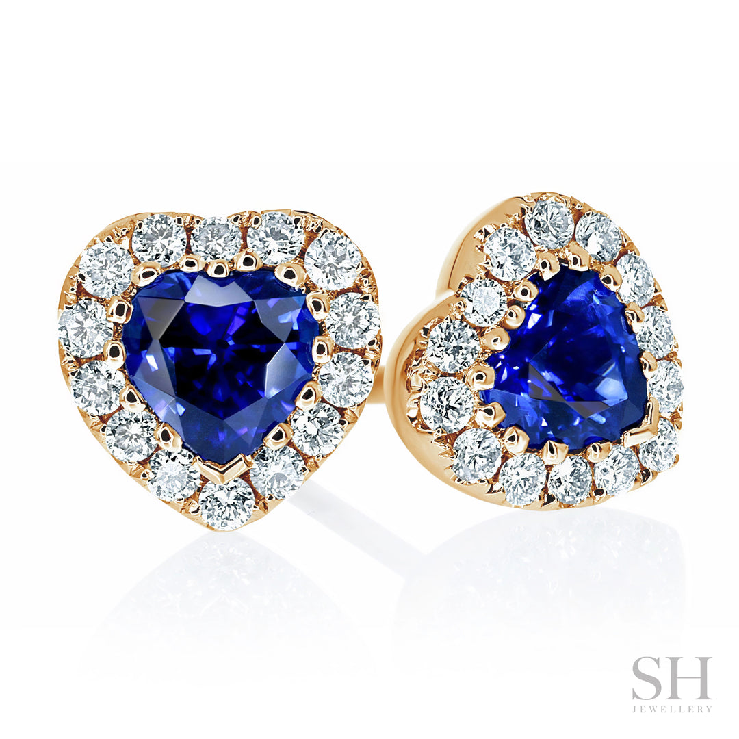 Romantic Heart Shaped Sapphire and Diamond Halo Stud Earrings - W0306