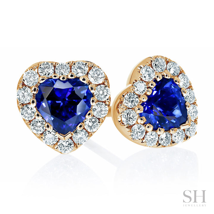 Romantic Heart Shaped Sapphire and Diamond Halo Stud Earrings - W0306