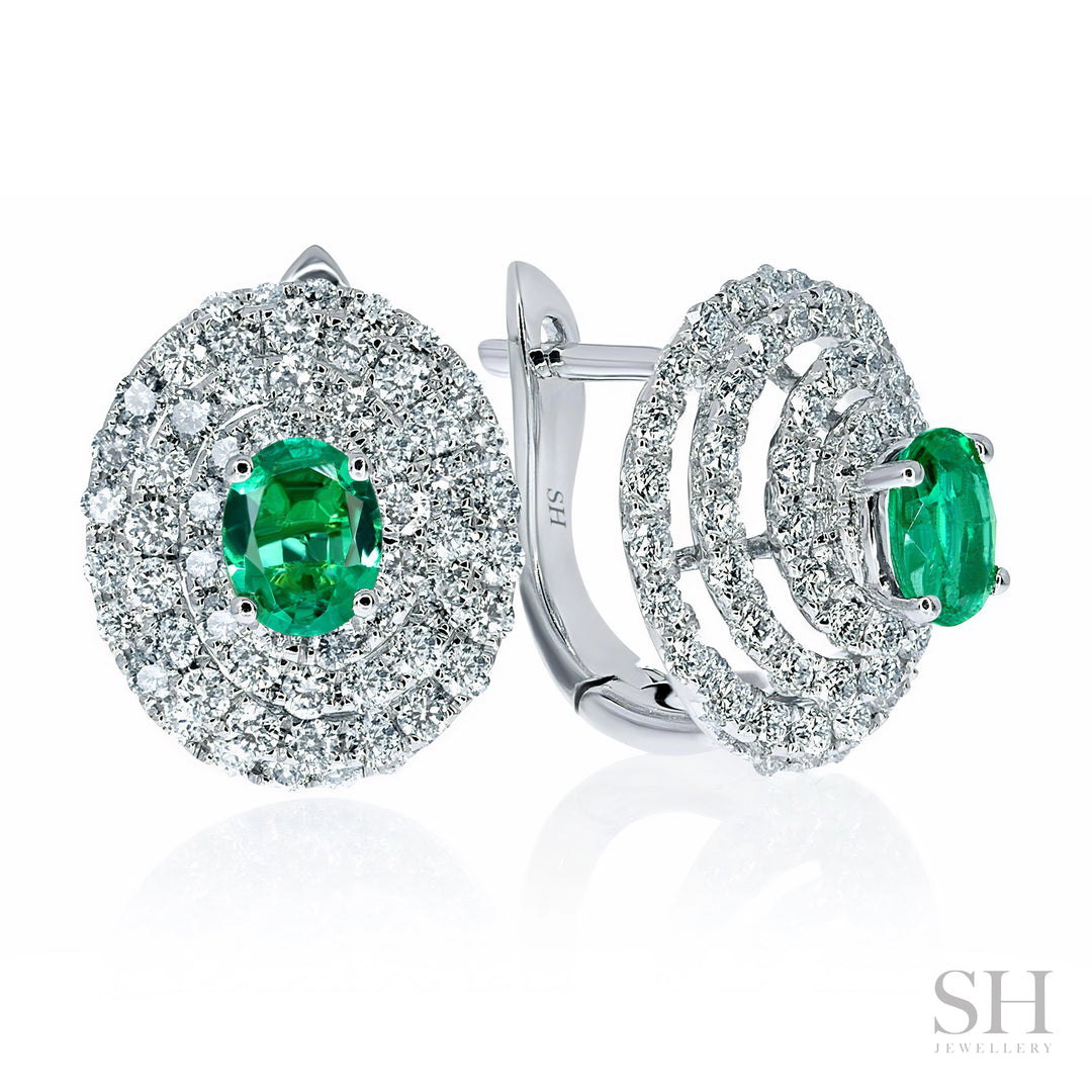 Brilliant Spiral Diamond Halo and Emerald Stud Earrings - W0307