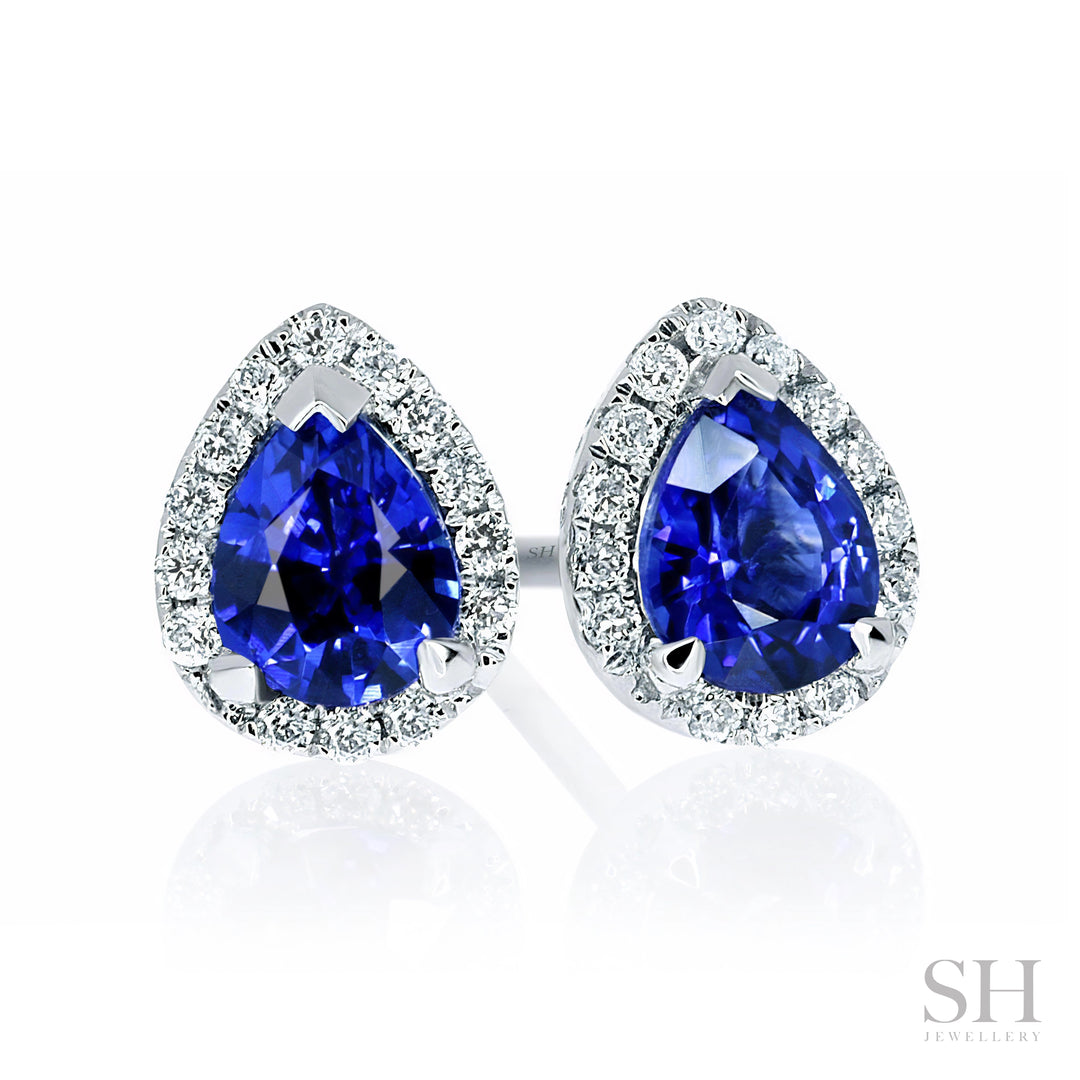 Tiny Pear Shaped Sapphire and Diamond Halo Stud Earrings - W0313