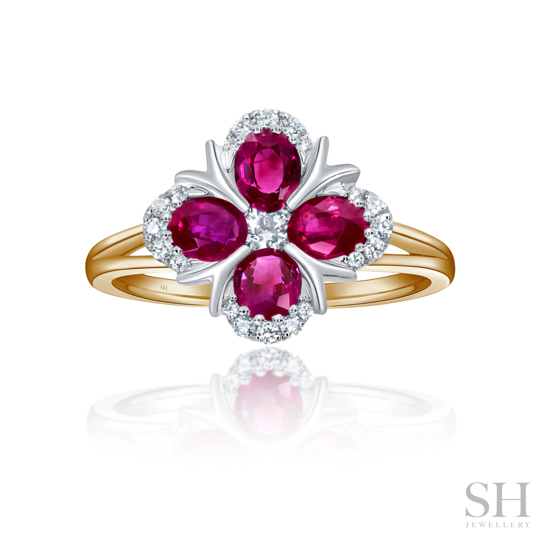 4-Petal Ruby Blossom Diamond Ring with Polished Band - W1018