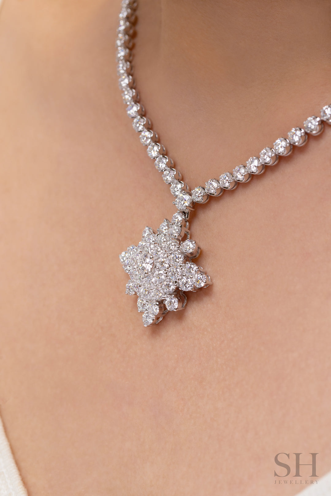 Timeless Tennis Necklace with Snowflake Diamond Pendant - W1131