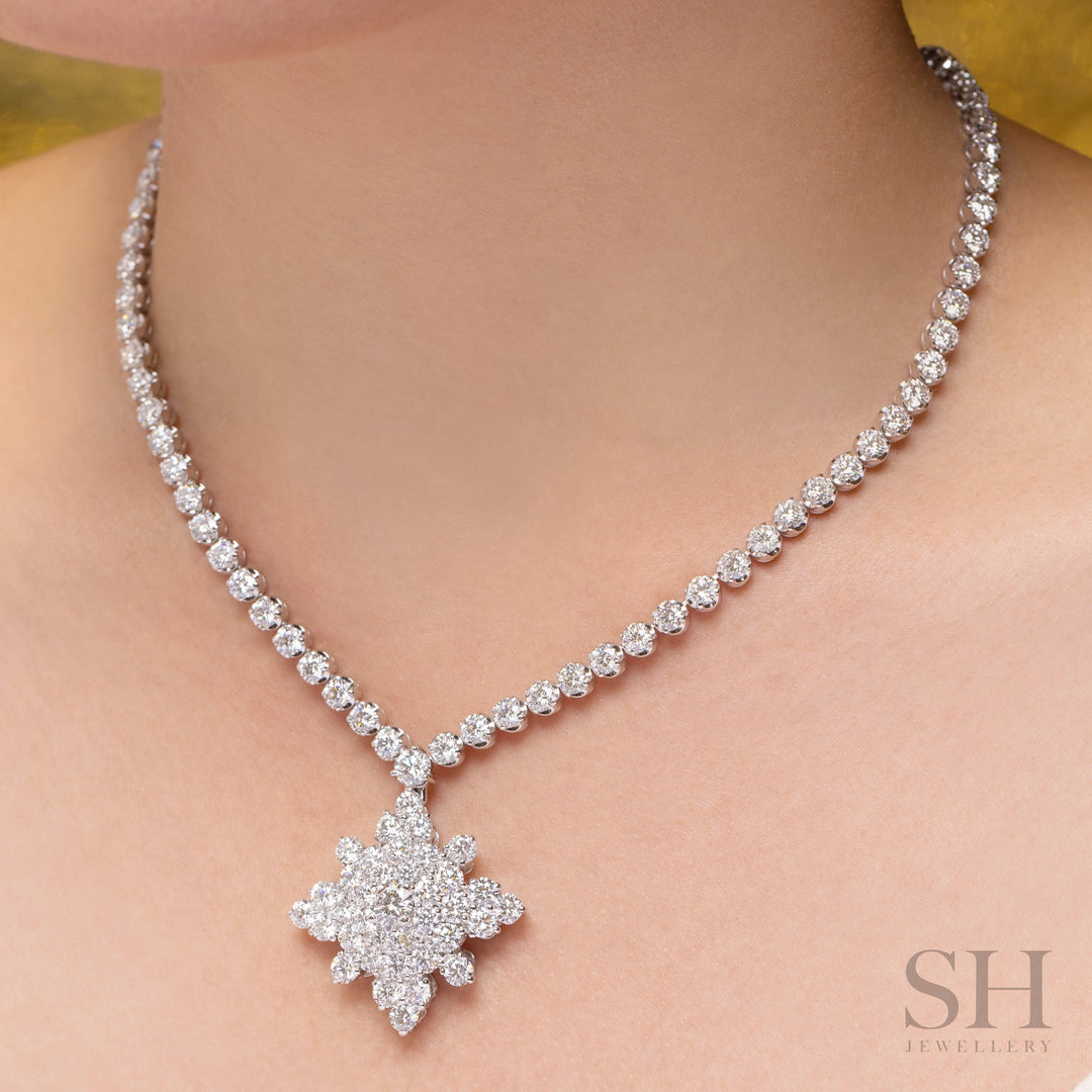 Timeless Tennis Necklace with Snowflake Diamond Pendant - W1131