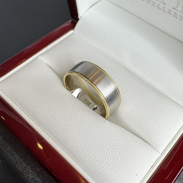 Men's Two Tone Wedding Ring with Milgrain Edge (7mm) - W1159