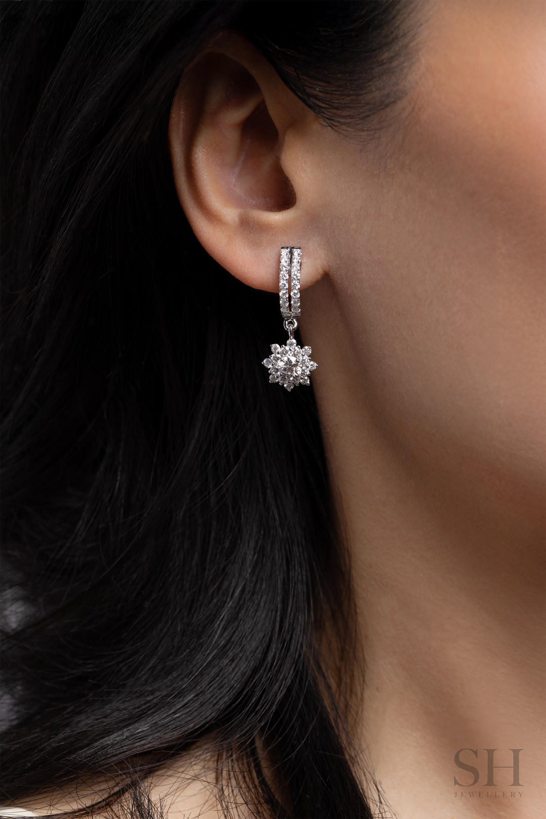 Snowflake Diamond Drops with Twin Pavé Hoops (0.35ct centre) - W1277