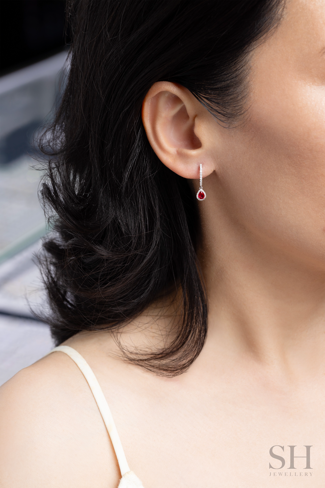 Minimalistic Ruby Pear Drop Earrings - W1332