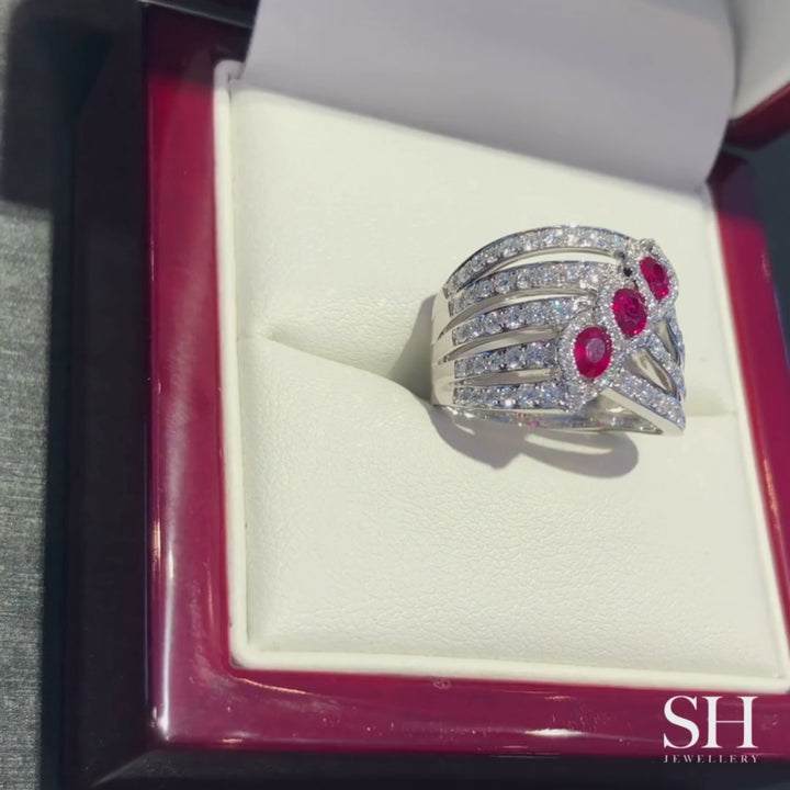 Ruby and Diamond Current Ring (3 Rubies) - W1007