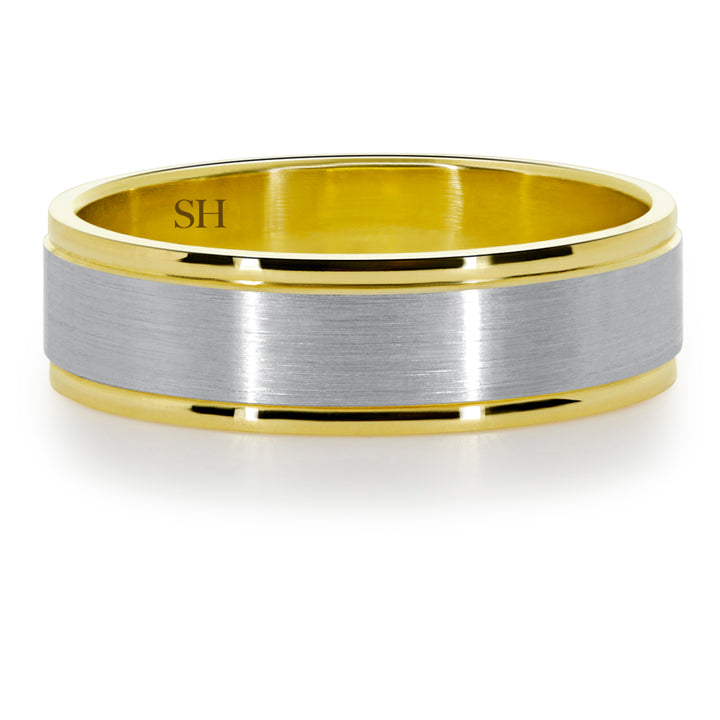 Men's two tone wedding band with central satin finish (6mm) - W0113