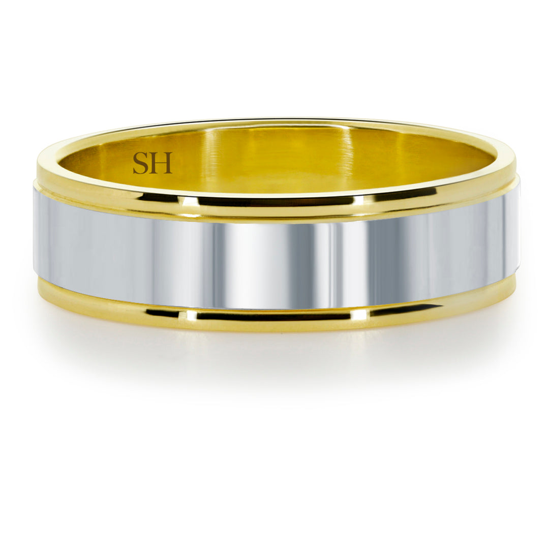 Men's two tone wedding band with central polished finish (6mm) - W0115