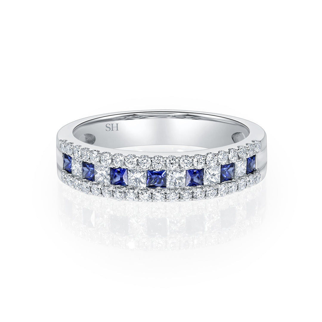 Sapphire and diamond Princess Cut 3-row band (slim) - W0418