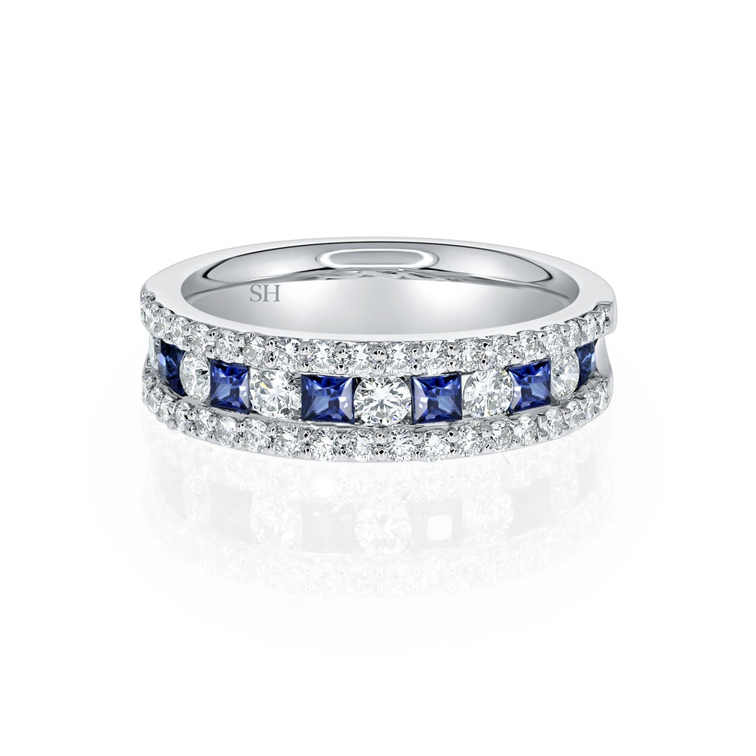 Sapphire and diamond Princess Cut 3-row band - W0419