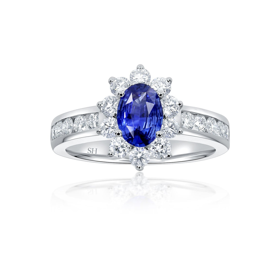 Classic Sapphire Halo Ring with Channel-Set Band - W0429