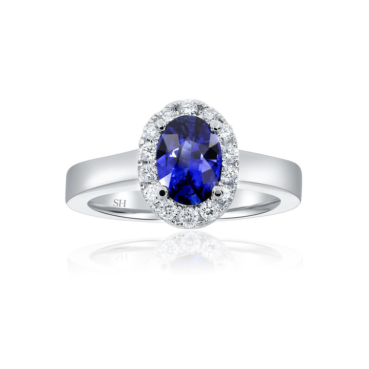 Classic sapphire halo with polished band - W0439