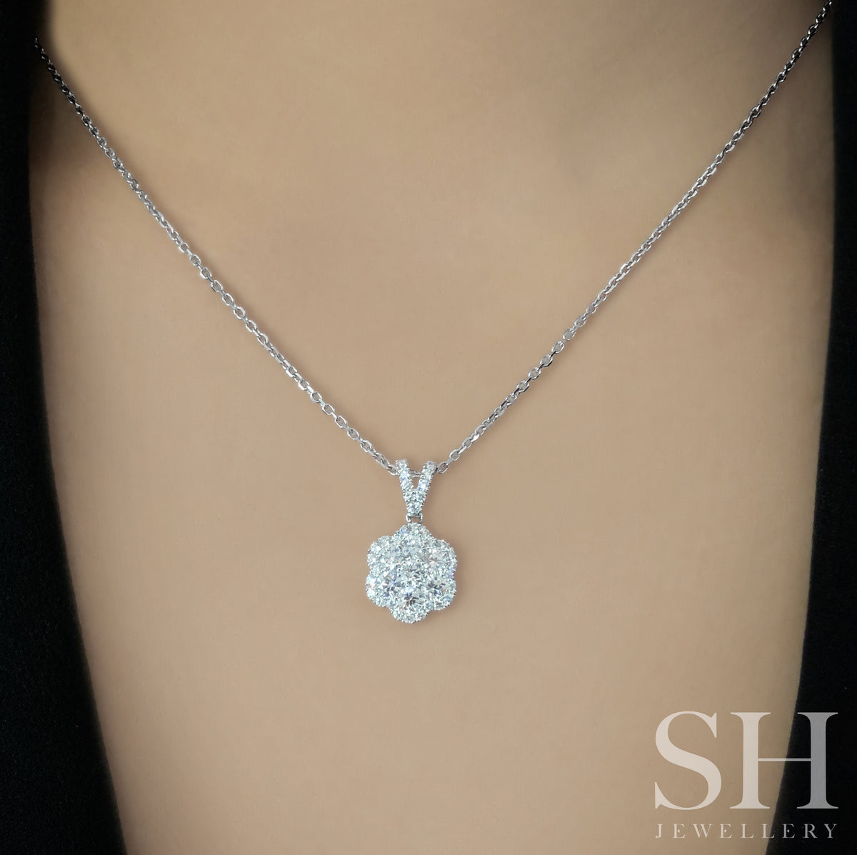 Blossom halo diamond pendant | SH Jewellery