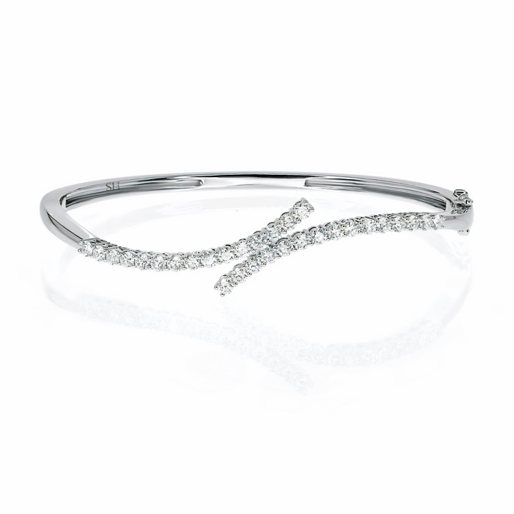 18kt White Gold Twin Band Curved Off-Set Diamond Bangle (2.1mm) - W0749