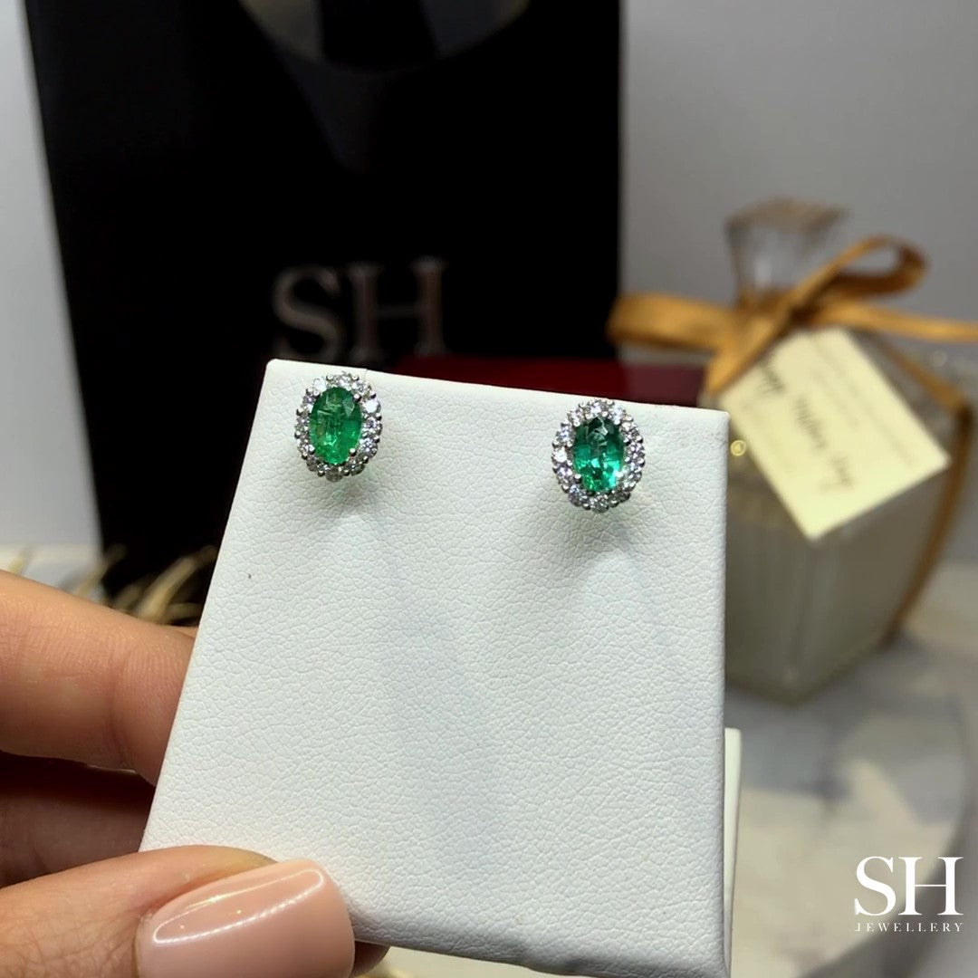 Oval Emerald and Diamond Halo Studs - W0853