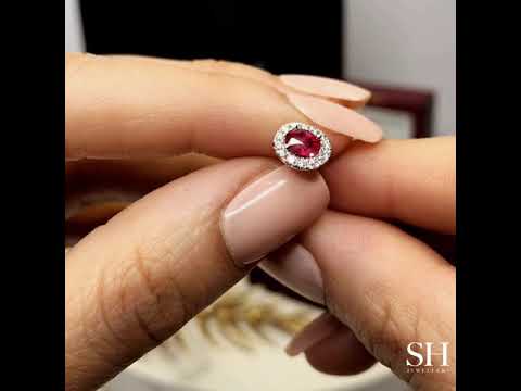 Glamorous Oval Ruby and Diamond Halo Stud Earrings - W0312