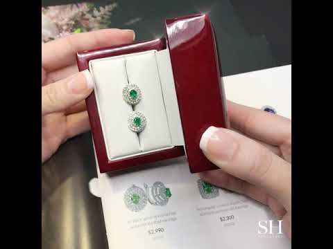 Brilliant Spiral Diamond Halo and Emerald Stud Earrings - W0307