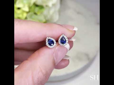 Tiny Pear Shaped Sapphire and Diamond Halo Stud Earrings - W0313